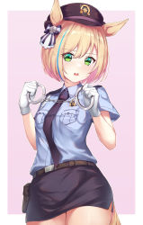 Rule 34 | 1girl, absurdres, animal ears, aqua hair, belt, black belt, black necktie, black skirt, blonde hair, blue shirt, blush, bob cut, border, bow, breast pocket, breasts, brown headwear, collared shirt, commentary request, cowboy shot, cuffs, gloves, green eyes, hair bow, handcuffs, hands up, highres, holding, holding handcuffs, horse ears, horse girl, horse tail, little cocon (umamusume), looking at viewer, medium hair, multicolored bow, multicolored hair, necktie, open mouth, outside border, pink background, pizza (pizzania company), pocket, police, police uniform, policewoman, pouch, shirt, short sleeves, simple background, skirt, small breasts, solo, streaked hair, tail, teeth, thighs, umamusume, uniform, upper teeth only, white border, white gloves