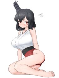 Rule 34 | 1girl, absurdres, barefoot, black hair, breasts, hair ornament, headgear, highres, kantai collection, large breasts, looking at viewer, maru (marg0613), one-hour drawing challenge, red eyes, sitting, solo, two-tone leotard, yamashiro (kancolle), yokozuwari