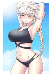 Rule 34 | 1girl, bad id, bad pixiv id, bare arms, bare legs, bare shoulders, bikini, black bikini, blush, braid, breasts, collarbone, cowboy shot, cypress, groin, kantai collection, large breasts, long hair, navel, open mouth, revision, single braid, solo, swimsuit, unryuu (kancolle), very long hair, white hair, yellow eyes