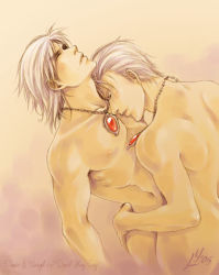 Rule 34 | 00s, 2boys, brothers, capcom, dante (devil may cry), devil may cry (series), closed eyes, hug, incest, jewelry, lara yokoshima, male focus, multiple boys, necklace, nipples, nude, siblings, vergil (devil may cry), white hair, yaoi
