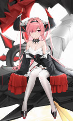Rule 34 | 1girl, azur lane, bare shoulders, black footwear, black hairband, black skirt, breasts, chinese commentary, cleavage, closed mouth, commentary request, cross, detached collar, eyes visible through hair, frilled skirt, frills, full body, hair on horn, hair over one eye, hairband, highres, horns, huge horns, iron cross, knees together feet apart, long hair, long sleeves, looking at viewer, mechanical horns, off shoulder, pink hair, prinz rupprecht (azur lane), purple eyes, qing wu, sidelocks, sitting, skirt, sleeves past fingers, sleeves past wrists, small breasts, smile, solo, spaghetti strap, strap slip, thighhighs, very long hair, white thighhighs