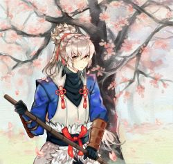 Rule 34 | cherry blossoms, fire emblem, fire emblem fates, gloves, holding, japanese clothes, looking at viewer, nintendo, petals, ponytail, solo, takumi (fire emblem), tree, white hair