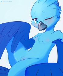 Rule 34 | 1girl, absurdres, ancesra, artist name, beak, bird girl, bird tail, blue background, blue eyes, blue fur, blue hair, blue theme, blue wings, blush, body fur, breasts, completely nude, feathered wings, female focus, furry, furry female, gradient background, half-closed eye, hand up, happy, highres, knee up, looking at viewer, nipples, nude, one eye closed, open mouth, patreon logo, patreon username, personification, pussy, pussy juice, pussy juice trail, pussy peek, short hair, simple background, sitting, small breasts, smile, solo, tail, twitter, twitter bird, uncensored, watermark, web address, winged arms, wings, wink