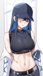 Rule 34 | 1girl, bandaid, bare shoulders, baseball cap, bee doushi, belt, black belt, black hair, black hat, black shirt, blue archive, blue eyes, blue hair, breasts, coat, colored inner hair, commentary, crop top, hat, highres, large breasts, long hair, looking at viewer, midriff, multicolored hair, navel, off shoulder, open clothes, open coat, parted lips, saori (blue archive), shirt, sleeveless, sleeveless shirt, solo, stomach, symbol-only commentary, upper body, very long hair, white coat
