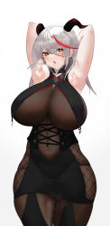 Rule 34 | 1girl, absurdres, aegir (azur lane), armpits, arms behind head, azur lane, black skirt, bodystocking, breast curtains, breasts, clothing cutout, covered navel, cowboy shot, demon horns, grey hair, hair between eyes, highres, horns, huge breasts, long hair, miniskirt, mu zhifeng, multicolored hair, presenting armpit, red hair, simple background, skindentation, skirt, solo, stomach cutout, streaked hair, thighs, underbust, white background