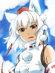 Rule 34 | 1girl, animal ears, bare shoulders, breasts, day, detached sleeves, hat, inubashiri momiji, looking at viewer, medium breasts, open mouth, pom pom (clothes), red eyes, short hair, silver hair, sky, solo, tokin hat, touhou, wolf ears, zzzzzzzzzzzzzzp