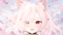 Rule 34 | animal ear fluff, animal ears, cat ears, commentary request, eyes visible through hair, facing viewer, falling petals, floating hair, highres, long hair, looking at viewer, mitsurugi lia, mitsurugi lia (artist), petals, pink hair, portrait, red eyes, self-portrait, smile, two side up, virtual youtuber, wactor production