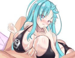 Rule 34 | 1boy, 1girl, akeno(itsnafulol), ass, ayannon yumme, between breasts, bikini, blue hair, blush, breast press, breasts, cum, cum in mouth, cum on body, cum on breasts, cum on upper body, hair between eyes, hair over one eye, hetero, huge ass, huge breasts, licking finger, licking lips, looking at viewer, open mouth, paizuri, penis, pink eyes, sex, smile, swimsuit, tongue, tongue out