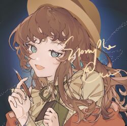 Rule 34 | 1girl, blue eyes, book, brown hair, brown hat, brown shirt, earrings, fors wall, hat, highres, holding, jewelry, long hair, long sleeves, looking at viewer, lord of the mysteries, pen, shawl, shirt, smile, solo, yi yi tiantang