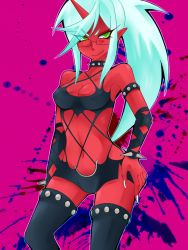 Rule 34 | 10s, 1girl, bad id, bad pixiv id, blue hair, colored skin, demon girl, glasses, green eyes, horns, kneesocks (psg), long hair, non-web source, panty &amp; stocking with garterbelt, ponytail, red skin, single horn, solo, thighhighs
