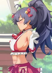 1girl absurdres antenna_hair arm_up armpits bare_shoulders bell bikini black_hair blurry blurry_background blush bow breasts bush closed_eyes closed_mouth concept_maihime_(idolmaster) elbow_gloves eyelashes frilled_gloves frilled_shirt frilled_skirt frills from_side ganaha_hibiki gloves hair_bell hair_ornament hair_ribbon hair_tie halter_shirt halterneck hand_up highres hip_vent idolmaster idolmaster_million_live! idolmaster_million_live!_theater_days jingle_bell large_breasts linea_alba lone_nape_hair long_hair midriff miniskirt navel neck_bell nontraditional_miko official_alternate_costume pink_bikini pink_ribbon pink_skirt pleated_skirt ponytail ribbon ribbon-trimmed_gloves ribbon-trimmed_shirt ribbon_trim sanami_(sanami_t_38) shirt shrine side-tie_bikini_bottom sideboob skirt sleeveless sleeveless_shirt solo stretching sweat swimsuit tree upper_body very_long_hair waist_bow white_gloves