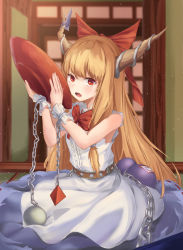 Rule 34 | 1girl, absurdres, alcohol, belt, blue skirt, bow, chain, choko (cup), cup, gourd, hair bow, highres, holding, holding cup, horn ornament, horn ribbon, horns, ibuki suika, indoors, long hair, looking at viewer, ofuda, oni, oni horns, open mouth, orange hair, orb, pyramid (structure), red bow, red eyes, ribbon, rin llm, sake, shirt, skirt, sleeveless, sleeveless shirt, solo, touhou, white shirt
