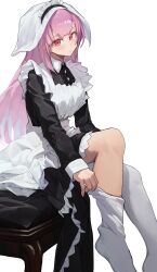 Rule 34 | 1girl, absurdres, alternate costume, apron, highres, hololive, hololive english, leggings, long hair, looking at viewer, maid, mori calliope, pink hair, putting on legwear, red eyes, sitting, starshell, virtual youtuber, white apron, white background, white leggings