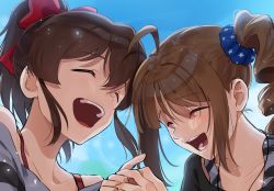 Rule 34 | 2girls, ahoge, black shirt, blue scrunchie, blue sky, bow, bra strap, brown hair, closed eyes, commentary, day, drill hair, hair bow, hair ornament, hair scrunchie, holding hands, idolmaster, idolmaster million live!, kamille (vcx68), laughing, medium hair, multiple girls, open mouth, outdoors, ponytail, red bow, satake minako, scrunchie, shirt, side drill, side ponytail, sidelocks, sky, smile, striped clothes, striped shirt, yokoyama nao