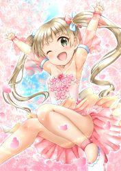 Rule 34 | 1girl, ;d, \o/, armpits, arms up, backlighting, blue bow, bow, brown eyes, brown hair, collarbone, commentary request, day, dress, flower, hair bow, highres, idolmaster, idolmaster cinderella girls, long hair, looking at viewer, one eye closed, open mouth, outdoors, outstretched arms, petals, pink bow, pink dress, pink flower, regular mow, see-through, shoes, smile, solo, strapless, strapless dress, twintails, very long hair, white footwear, wrist cuffs, yokoyama chika