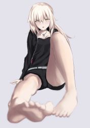 Rule 34 | 1girl, artoria pendragon (all), artoria pendragon (fate), ass, barefoot, belt, blonde hair, blurry, blush, breasts, casual, depth of field, fate/grand order, fate/stay night, fate (series), feet, full body, highres, jacket, jewelry, kesoshirou, looking at viewer, necklace, official alternate costume, parted lips, saber (fate), saber alter, saber alter (ver. shinjuku 1999) (fate), shorts, simple background, sitting, small breasts, solo, yellow eyes