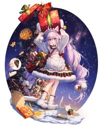 Rule 34 | absurdres, ahoge, animal hands, apron, bell, box, brown dust 2, cake, cake slice, candy, candy cane, cat, cat paws, christmas tree, dress, food, french fries, frilled hairband, frills, gift, gingerbread man, hairband, highres, holding, holding box, holding gift, jingle bell, lium, long hair, mittens, pie, pizza, pizza box, purple hair, ribbon, rou (brown dust), sky, snowing, snowman, star (sky), starry sky, twintails, very long hair, white mittens