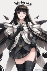 Rule 34 | 1girl, absurdres, arknights, black eyes, black gloves, black hair, black shirt, black skirt, black thighhighs, bright pupils, commentary, cowboy shot, gloves, grey background, grin, hand up, highres, long hair, looking at viewer, miniskirt, pleated skirt, seraphim throne, shirt, simple background, skirt, smile, solo, standing, thighhighs, thighs, very long hair, virtuosa (arknights), white shirt