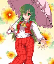 Rule 34 | 1girl, ascot, blush, breasts, collared shirt, floral background, green eyes, green hair, hair over one eye, head tilt, highres, kazami yuuka, kazami yuuka (pc-98), knees together feet apart, long hair, long sleeves, looking at viewer, matching hair/eyes, md5 mismatch, medium breasts, open hand, outstretched arm, pants, parasol, plaid, plaid pants, plaid vest, resolution mismatch, shade, shirt, smile, solo, source smaller, standing, touhou, touhou (pc-98), umbrella, utakata (azaka00), vest