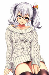 Rule 34 | 1girl, aran sweater, bespectacled, black-framed eyewear, black thighhighs, blue eyes, blush, breasts, cable knit, collarbone, glasses, hair ornament, kantai collection, kashima (kancolle), kyogoku shin, legs together, long hair, looking at viewer, medium breasts, medium hair, open mouth, ribbed sweater, silver hair, simple background, sitting, smile, solo, sweater, thighhighs, two side up, wavy hair, white background, white sweater