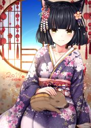 Rule 34 | 1girl, 2019, animal, animal ear fluff, animal ears, black hair, blue sky, blunt bangs, blush, bob cut, brown eyes, cat ears, chinese zodiac, closed mouth, collarbone, commentary request, day, fingernails, floral print, hair ornament, happy new year, highres, indoors, japanese clothes, kimono, long sleeves, looking at viewer, nengajou, new year, obi, omoomomo, original, pig, print kimono, purple kimono, sash, seiza, short hair, sitting, sky, smile, solo, sunlight, year of the pig