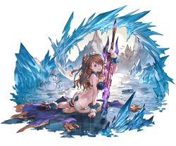Rule 34 | 10s, 1girl, ass, bad anatomy, beatrix (granblue fantasy), bikini, breasts, brown eyes, brown hair, butt crack, cleavage, fur trim, granblue fantasy, hair ornament, ice, looking at viewer, minaba hideo, official art, open mouth, sandals, sitting, snowman, solo, swimsuit, sword, transparent background, weapon, wrist cuffs