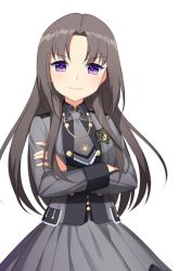 Rule 34 | 1girl, blush, brown hair, closed mouth, copyright request, crossed arms, grey jacket, grey skirt, jacket, jenevan, long hair, long sleeves, looking at viewer, parted bangs, purple eyes, simple background, skirt, smile, solo, upper body, white background