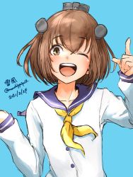 Rule 34 | 1girl, blue background, blue sailor collar, brown eyes, brown hair, character name, commentary request, dated, dress, headgear, headset, highres, kantai collection, looking at viewer, neckerchief, open mouth, round teeth, sailor collar, sailor dress, short hair, simple background, smile, solo, speaking tube headset, teeth, twitter username, umibudou, upper body, upper teeth only, yellow neckerchief, yukikaze (kancolle)