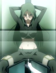 Rule 34 | 2girls, absurdres, angry, arms behind head, asougi rin, bdsm, bodysuit, bound, breasts, glasses, gloves, green eyes, green hair, highres, large breasts, long hair, midriff, mnemosyne, multiple girls, navel, pov, screencap, spread legs, stitched, third-party edit, tied up, torture instruments, yamnobe sayara, zipper