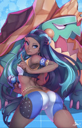 Rule 34 | 1girl, armlet, ass, bare shoulders, bike shorts, blue background, blue eyes, blue hair, breasts, cameltoe, closed mouth, cowboy shot, creatures (company), crop top, crotch, dark-skinned female, dark skin, drednaw, earrings, eyeshadow, female focus, from behind, game freak, gen 8 pokemon, gloves, highres, hoop earrings, its just suppi, jewelry, lips, long hair, looking back, makeup, medium breasts, midriff, multicolored hair, nessa (pokemon), nintendo, poke ball, pokemon, pokemon (creature), pokemon swsh, signature, single glove, skin tight, skindentation, solo, thighhighs, thighs, two-tone hair