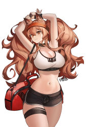 Rule 34 | 1girl, angelina (arknights), animal ear fluff, animal ears, arknights, armpits, arms up, artist name, bag, bare arms, bare shoulders, black choker, black shorts, black wristband, breasts, brown eyes, brown hair, choker, cleavage, commentary, crop top, crossed wrists, distr, dolphin shorts, drawstring, english commentary, fox ears, fox girl, grin, hair between eyes, hairband, head tilt, highres, holding own wrist, large breasts, long hair, looking at viewer, navel, official alternate costume, parted lips, red bag, red hairband, short shorts, shorts, shoulder bag, sidelocks, simple background, smile, solo, sports bra, sportswear, stomach, text print, thigh strap, thighs, twintails, two-tone bra, very long hair, wavy hair, white background, white sports bra, wristband