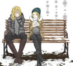 Rule 34 | 2boys, 6 9, atouda ako (character), beanie, bench, black footwear, black jacket, black pants, blonde hair, boots, brown coat, brown footwear, closed mouth, coat, commentary request, cookie (touhou), full body, green headwear, grey shirt, hat, hazuna rio, holding, jacket, kirisame marisa, knee boots, long hair, long sleeves, looking at another, male focus, multiple boys, pants, shirt, sitting, smile, snow, snowflakes, touhou, yellow eyes, yma