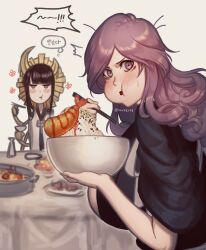 Rule 34 | 2girls, 50x48x48, :t, black kimono, bleach, bleach: sennen kessen-hen, blunt bangs, blush, blush stickers, bowl, breasts, chibi, chibi inset, chopsticks, closed mouth, commentary, constricted pupils, crescent, crescent hair ornament, curly hair, eating, eyelashes, food, food on face, hair ornament, hands up, highres, hikifune kirio, holding, holding bowl, holding chopsticks, huge breasts, japanese clothes, jitome, kimono, korean text, long hair, long sleeves, looking at another, looking at viewer, mechanical arms, multiple girls, parted bangs, purple eyes, purple hair, red lips, rice, shrimp, shrimp tempura, shutara senjumaru, simple background, sleeves rolled up, solo focus, speech bubble, table, tempura, thought bubble, translation request, upper body, v-shaped eyebrows, white background