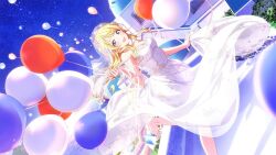 Rule 34 | 1girl, :d, balloon, bare legs, bare shoulders, barefoot, blonde hair, blue eyes, blue sky, blurry, blurry foreground, blush, breasts, bridal veil, cleavage, dress, dutch angle, flower, foot out of frame, game cg, hachimiya meguru, hair flaps, hair flower, hair ornament, holding, holding balloon, holding clothes, holding dress, idolmaster, idolmaster shiny colors, large breasts, long dress, long hair, looking at viewer, official art, open mouth, outdoors, rose, sidelocks, sky, sleeveless, smile, solo, standing, standing on one leg, star (sky), star (symbol), starry sky, veil, water, wedding dress, white flower, white rose, wind, wind lift