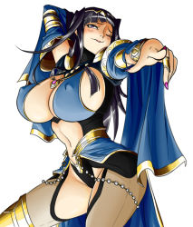 Rule 34 | 1girl, bikini, black hair, blunt bangs, bracelet, breasts, bridal gauntlets, cape, circlet, cleavage, covered erect nipples, crotchless, embarrassed, fire emblem, fire emblem awakening, hair ornament, huge breasts, jewelry, large breasts, long hair, looking at viewer, matsu-sensei, nail polish, navel, nintendo, nipples, one eye closed, open mouth, pantyhose, pointing, pointing at viewer, purple eyes, purple hair, sideboob, simple background, smile, solo, swimsuit, tharja (fire emblem), thighs, tiara, two side up, white background, wink