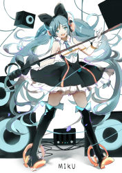 Rule 34 | 1girl, aqua eyes, aqua hair, bad id, bad pixiv id, boots, bow, breasts, dress, eyelashes, frilled dress, frills, gloves, hair bow, hatsune miku, headphones, headset, long hair, looking at viewer, magical mirai (vocaloid), magical mirai miku, magical mirai miku (2016), microphone, microphone stand, necktie, open mouth, pale skin, rero (bigdoorbig2), simple background, sketch, smile, solo, speaker, standing, thigh boots, thighhighs, twintails, very long hair, vocaloid, wire