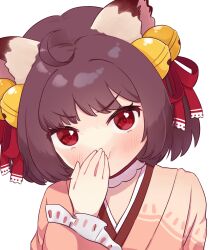 Rule 34 | 1girl, :t, ahoge, animal ears, bell, blush, brown choker, brown hair, cat ears, cat girl, choker, closed mouth, commentary request, covering own mouth, hair bell, hair ornament, hair ribbon, highres, ichihime, japanese clothes, jingle bell, kenkou na ityou, kimono, lace-trimmed sleeves, lace trim, long sleeves, looking at viewer, mahjong soul, medium bangs, pink kimono, red eyes, red ribbon, ribbon, short hair, simple background, solo, stifled laugh, upper body, v-shaped eyebrows, white background, wide sleeves