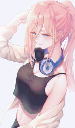 Rule 34 | 1girl, bare shoulders, black tank top, blue eyes, breasts, cleavage, go-toubun no hanayome, grey background, hair between eyes, hand on own head, headphones, highres, long hair, looking away, midriff, moda (mo da 3), nakano miku, ponytail, red hair, shirt, simple background, solo, standing, stomach, tank top, white shirt