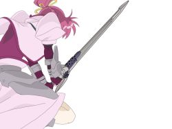 Rule 34 | 00s, 1girl, coat, from behind, gauntlets, laevatein (nanoha), long sleeves, lyrical nanoha, mahou shoujo lyrical nanoha, mahou shoujo lyrical nanoha a&#039;s, ponytail, red hair, signum, simple background, solo, sword, weapon, whip sword, white background