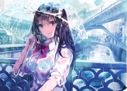 Rule 34 | 1girl, black eyes, black hair, blue bra, blue theme, bow, bowtie, bra, buttons, canal, city, cityscape, closed mouth, collared shirt, commentary request, day, dress shirt, hand up, highres, holding, holding umbrella, long hair, looking at viewer, original, outdoors, rain, red bow, red bowtie, rioka (southern blue sky), school uniform, see-through, shirt, short sleeves, solo, transparent, transparent umbrella, umbrella, underwear, upper body, water, wet, wet clothes, wet shirt, white shirt