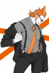 Rule 34 | 1boy, black pants, chabo (niwatori bosori), commentary request, cowboy shot, grey shirt, highres, looking at viewer, male focus, necktie, one piece, orange background, orange hair, orange necktie, pants, profile, scar, scar on chin, scar on face, shirt, sideburns, simple background, solo, white background, x drake
