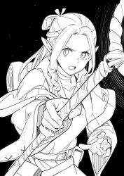 1girl absurdres belt braid ddal dungeon_meshi greyscale highres holding holding_sword holding_weapon long_hair looking_at_viewer marcille_donato monochrome open_mouth pointy_ears solo sword weapon