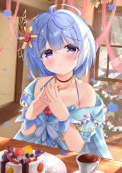 Rule 34 | 1girl, blue hair, blue shirt, blush, bow, cake, closed mouth, commission, cup, flower knight girl, food, fruit, hair ornament, highres, hiyada yuu, ipheion (flower knight girl), jewelry, looking at viewer, macaron, necklace, plate, purple eyes, shirt, short hair, sitting, skeb commission, solo, spaghetti strap, steepled fingers, strawberry, table, tea, teacup, upper body, white bow, window
