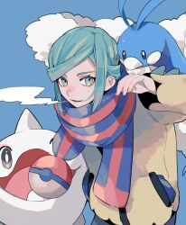 Rule 34 | 1boy, altaria, blue background, blue scarf, breath, cetoddle, commentary request, creatures (company), game freak, gen 3 pokemon, green eyes, green hair, grusha (pokemon), hand up, jacket, long sleeves, looking at viewer, male focus, momotose (hzuu xh4), nintendo, pants, parted lips, poke ball print, pokemon, pokemon (creature), pokemon sv, scarf, smile, striped clothes, striped scarf, yellow jacket