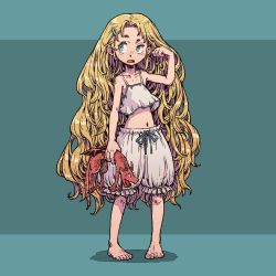 Rule 34 | 1girl, adjusting hair, barefoot, blonde hair, bloomers, blue background, blue eyes, child, dragon, female focus, freckles, full body, hair ornament, hairclip, highres, long hair, messy hair, momochichi77, navel, open mouth, original, solo, standing, underwear, wavy hair