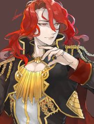 Rule 34 | 1boy, arvis (fire emblem), cape, clothing cutout, cropped jacket, epaulettes, fire emblem, fire emblem: genealogy of the holy war, long hair, male focus, nintendo, nomeringo, red cape, red eyes, red hair, signature, solo, upper body, wavy hair