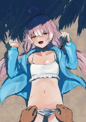 Rule 34 | 1boy, 1girl, ahoge, bikini, bikini pull, blue archive, blue eyes, blue jacket, blush, clothes pull, collarbone, fang, frilled bikini, frills, hair between eyes, hetero, heterochromia, highres, hoshino (blue archive), hoshino (swimsuit) (blue archive), jacket, long hair, long sleeves, looking at viewer, lying, mottirimuttiri, navel, on back, open clothes, open jacket, pink hair, pov, pov hands, pulling another&#039;s clothes, shadow, sketch, solo focus, swimsuit, white bikini, yellow eyes