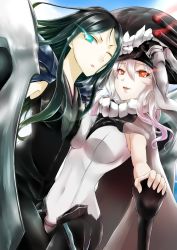 Rule 34 | 10s, 2girls, absurdres, abyssal ship, aira (make unit!), bad id, bad pixiv id, black hair, blue eyes, breast press, cape, glowing, glowing eyes, hat, highres, kantai collection, long hair, multiple girls, one eye closed, red eyes, ru-class battleship, silver hair, staff, symmetrical docking, tentacles, wo-class aircraft carrier