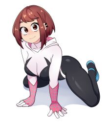 Rule 34 | 1girl, angeliccmadness, arttmadness, bodysuit, boku no hero academia, breasts, brown eyes, brown hair, closed mouth, cosplay, full body, highres, kneeling, large breasts, looking at viewer, marvel, matching hair/eyes, short hair, simple background, smile, solo, spider-gwen (cosplay), spider-man: into the spider-verse, spider-man (series), spider-verse, uraraka ochako, white background
