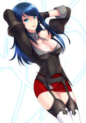 Rule 34 | 10s, 1girl, arms up, blue eyes, blue hair, breasts, cleavage, final fantasy, final fantasy xiv, garter straps, hyur, large breasts, long hair, looking at viewer, matching hair/eyes, smile, solo, square enix, takatsuki kahiro, thighhighs, warrior of light (ff14), white thighhighs
